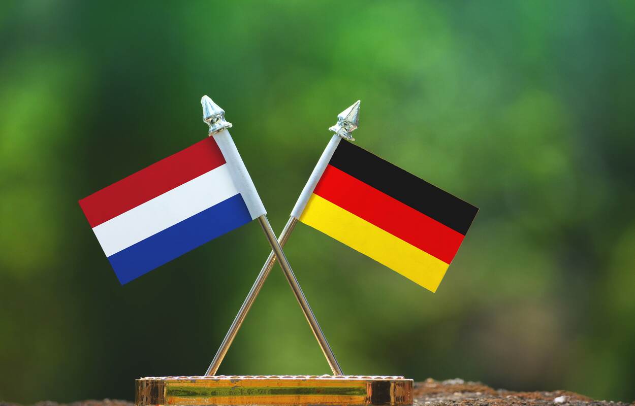 Miniatuurvarianten van de Nederlandse en de Duitse vlag tegen een geblurde groene achtergrond. De stok loopt diagonaal waardoor de vlaggenstokken elkaar halverwege kruisen.